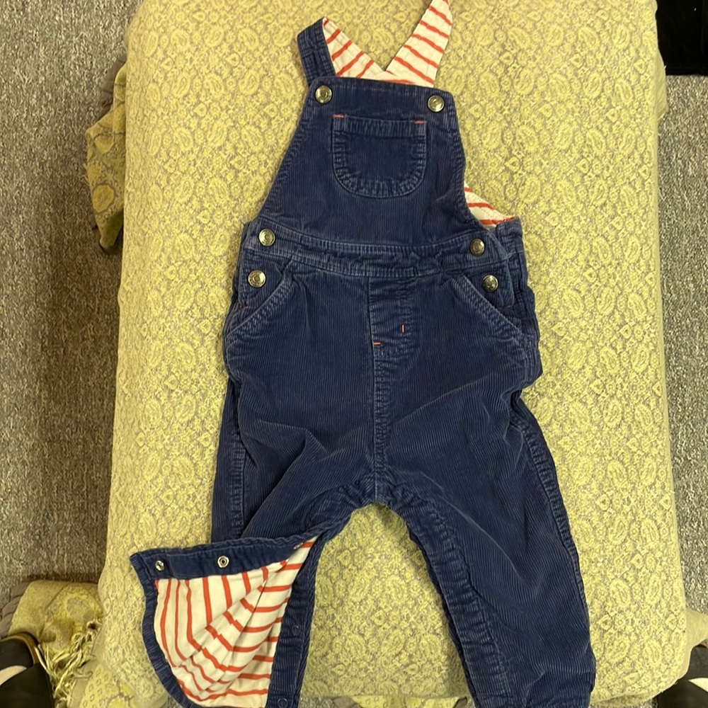 Corduroy blue overalls, lined with red stripes.  18-24 months from Baby Boden.